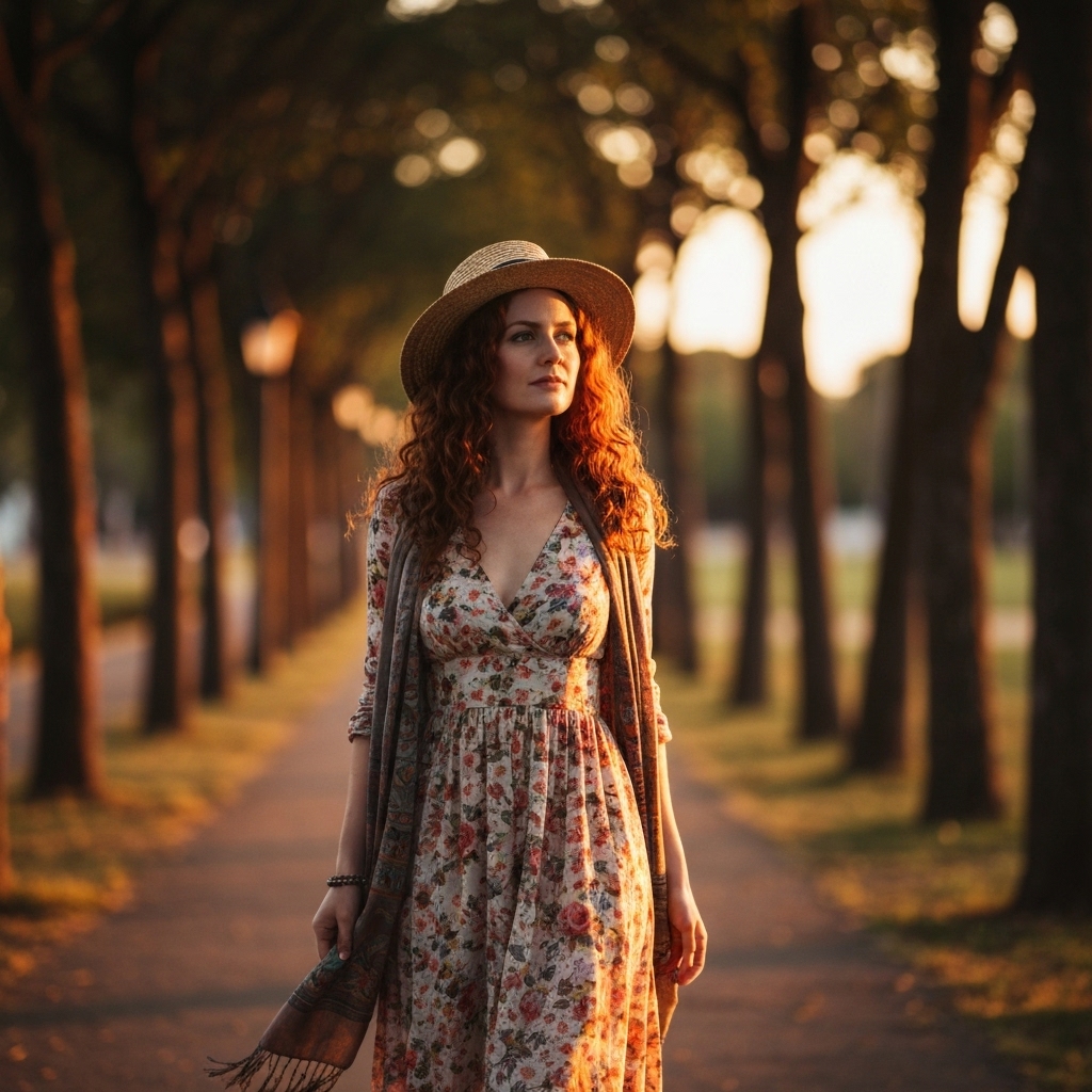 A stylish woman walking on a Santa Monica beach wearing a bohemian floral maxi dress and holding a straw hat, golden hour lighting