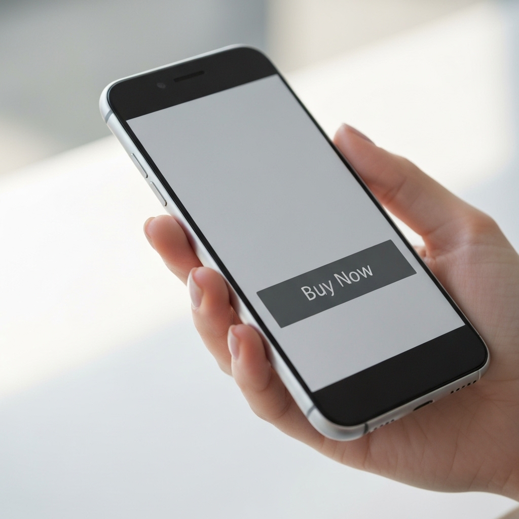 A close-up of a hand holding a smartphone displaying a sleek 'Buy Now' button on a Kleap website.