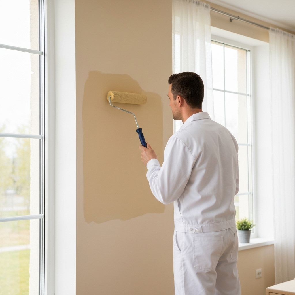 Professional painter applying eco-friendly beige paint in a modern bright living room, wearing white uniform, natural light