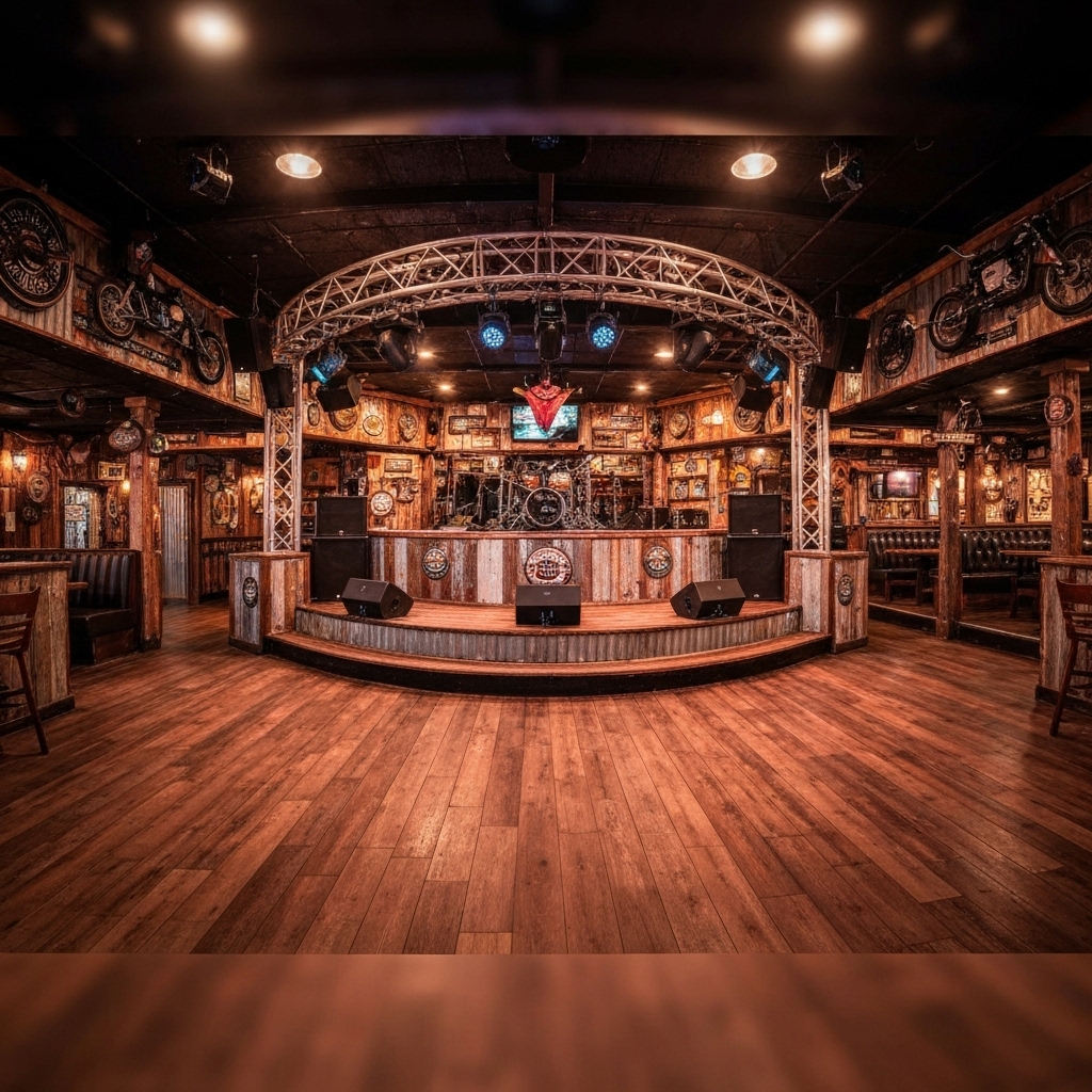 Interior view of Bonanza Pub showing the biker cowboy decor and the stage area ready for live music
