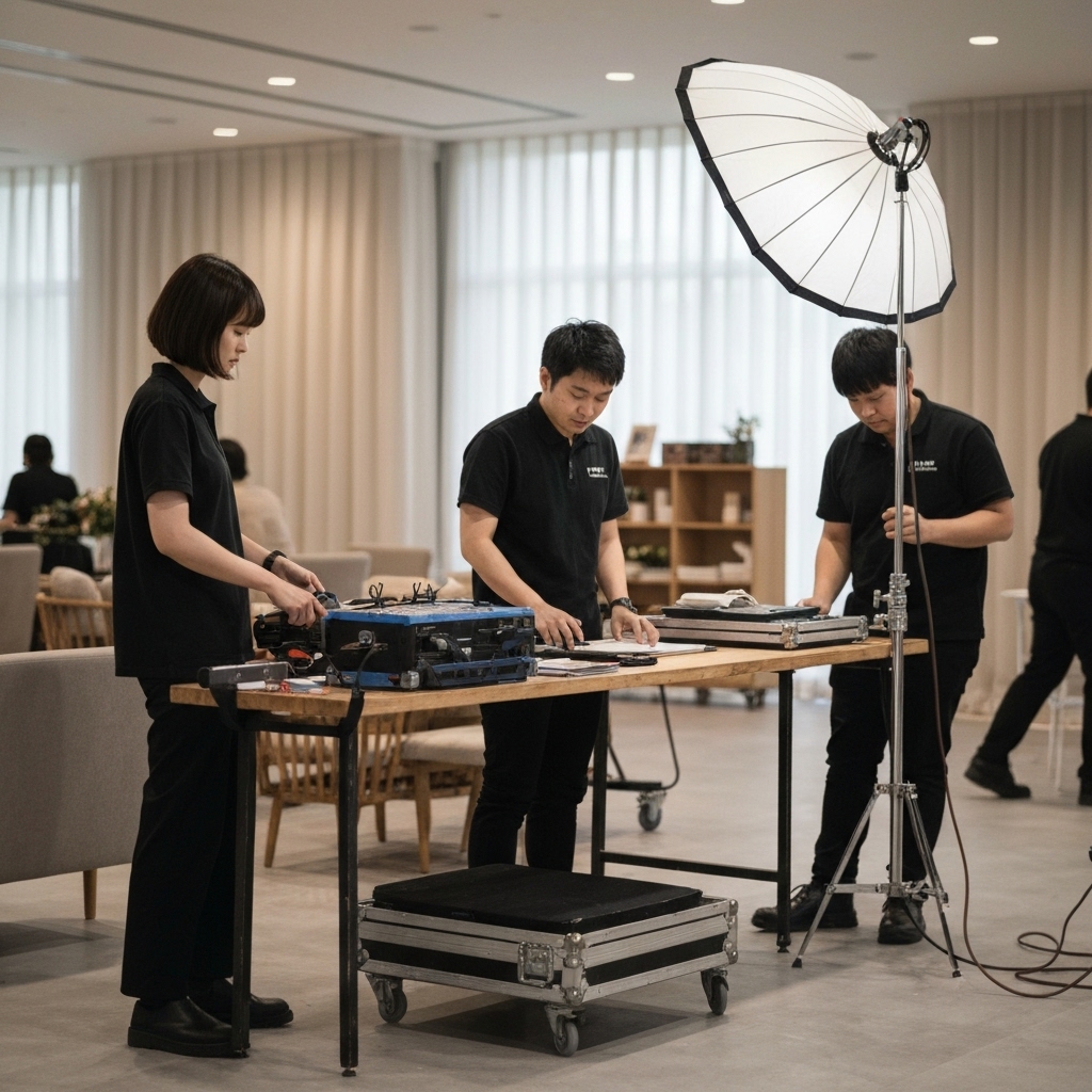 Equipe événementielle en action installant une décoration accueillante, illustrant le savoir-faire professionnel