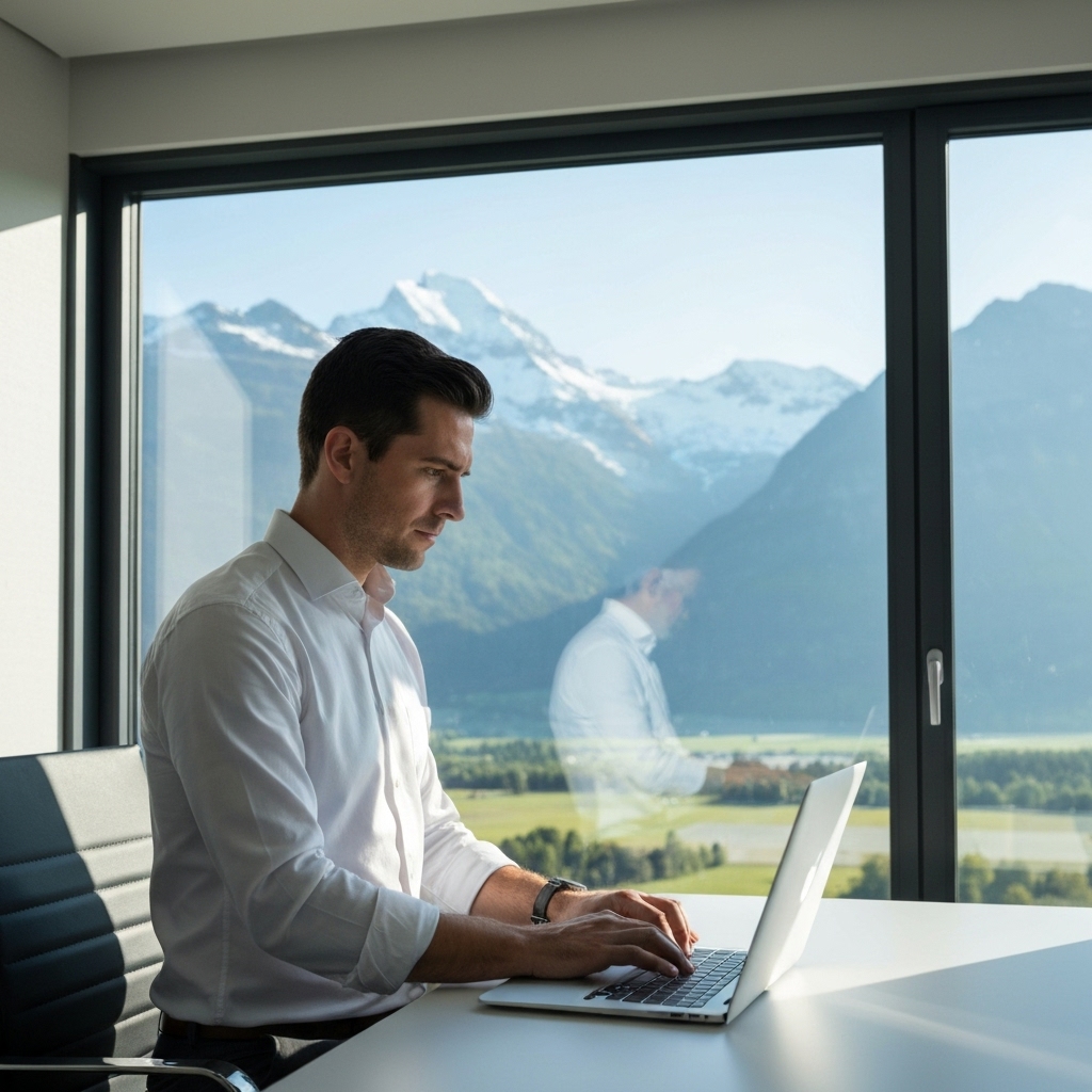 Entrepreneur working clearly on a laptop in a modern swiss office environment with mountains in background