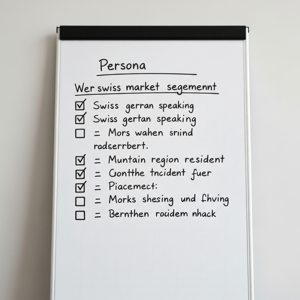 Detailed persona checklist on a whiteboard focusing on swiss market segments