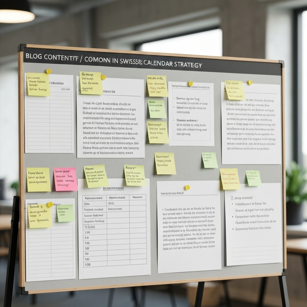 A blog content calendar strategy showing keywords ideas related to swiss problems