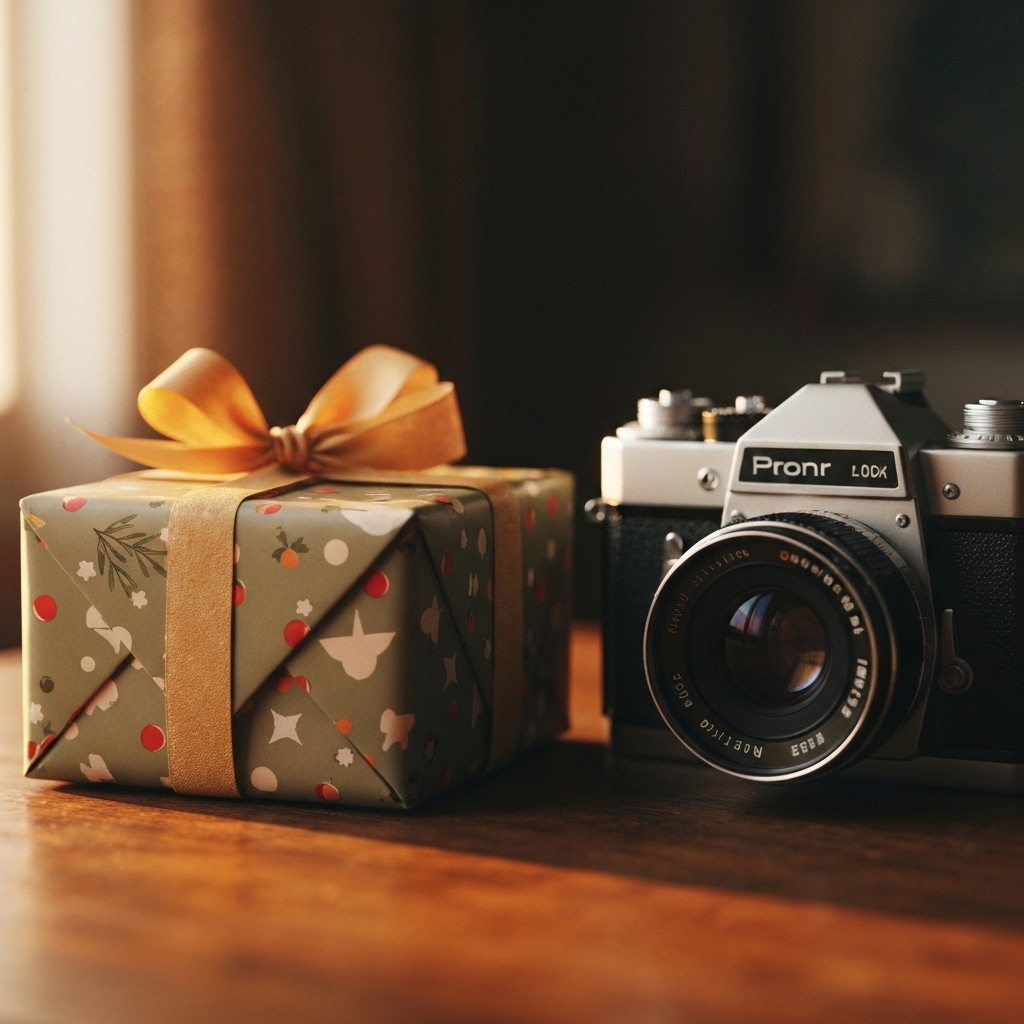 A beautifully wrapped gift box sitting on a rustic wooden table with a vintage camera next to it, symbolizing a photography gift, warm lighting, cozy atmosphere