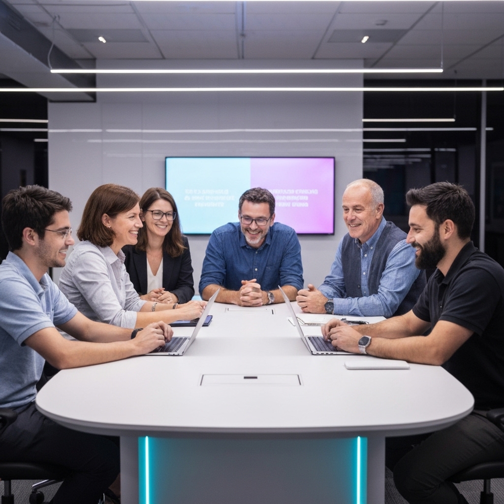 A close-up of a diverse team of entrepreneurs smiling while looking at a laptop screen displaying a modern website layout.