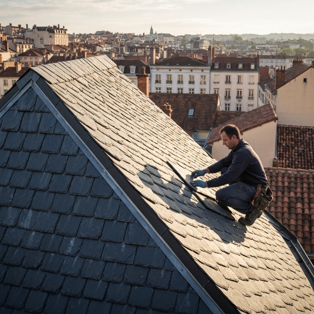 A professional roofer inspecting tiles on a traditional Lyon roof with the heavy tools belt, overlooking the city skyline