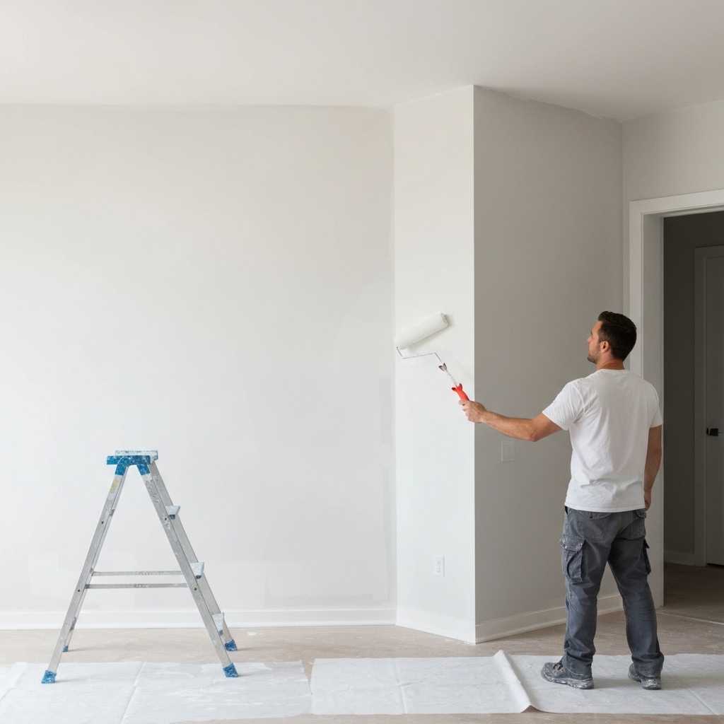 Professional painter applying fresh white paint to a modern living room wall in Gland Switzerland with visible drop cloths and tools