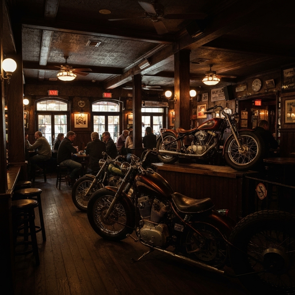 Ambiance chaleureuse dans un pub style américain avec des clients souriants, décor bois et moto, éclairage tamisé