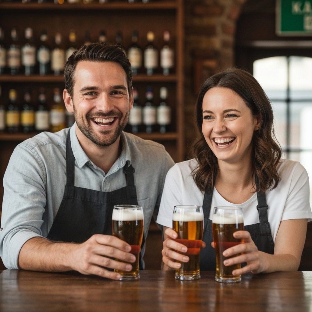Close-up of friendly bar owners serving beer with a smile, rustic pub background