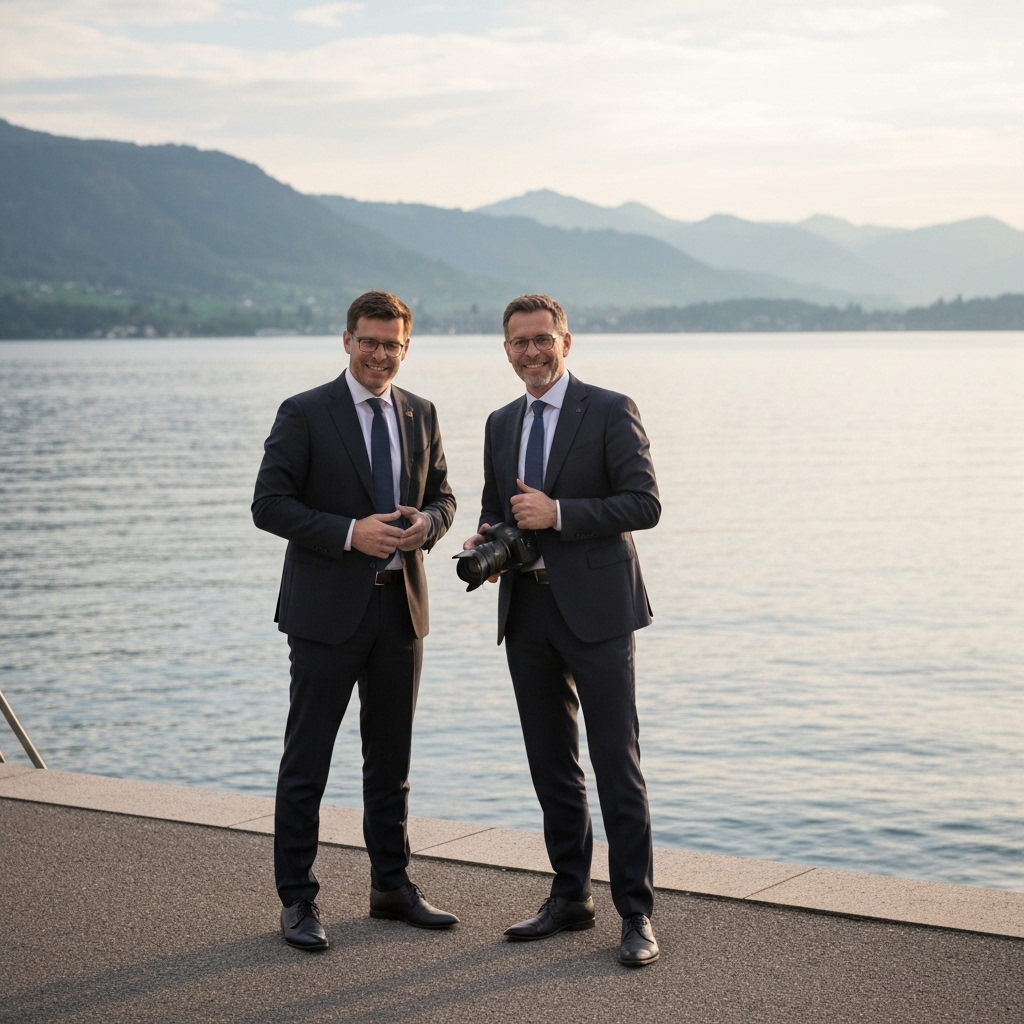 Photographe en action prenant des photos d'un homme d'affaires en extérieur avec le lac Léman en arrière-plan, lumière naturelle douce