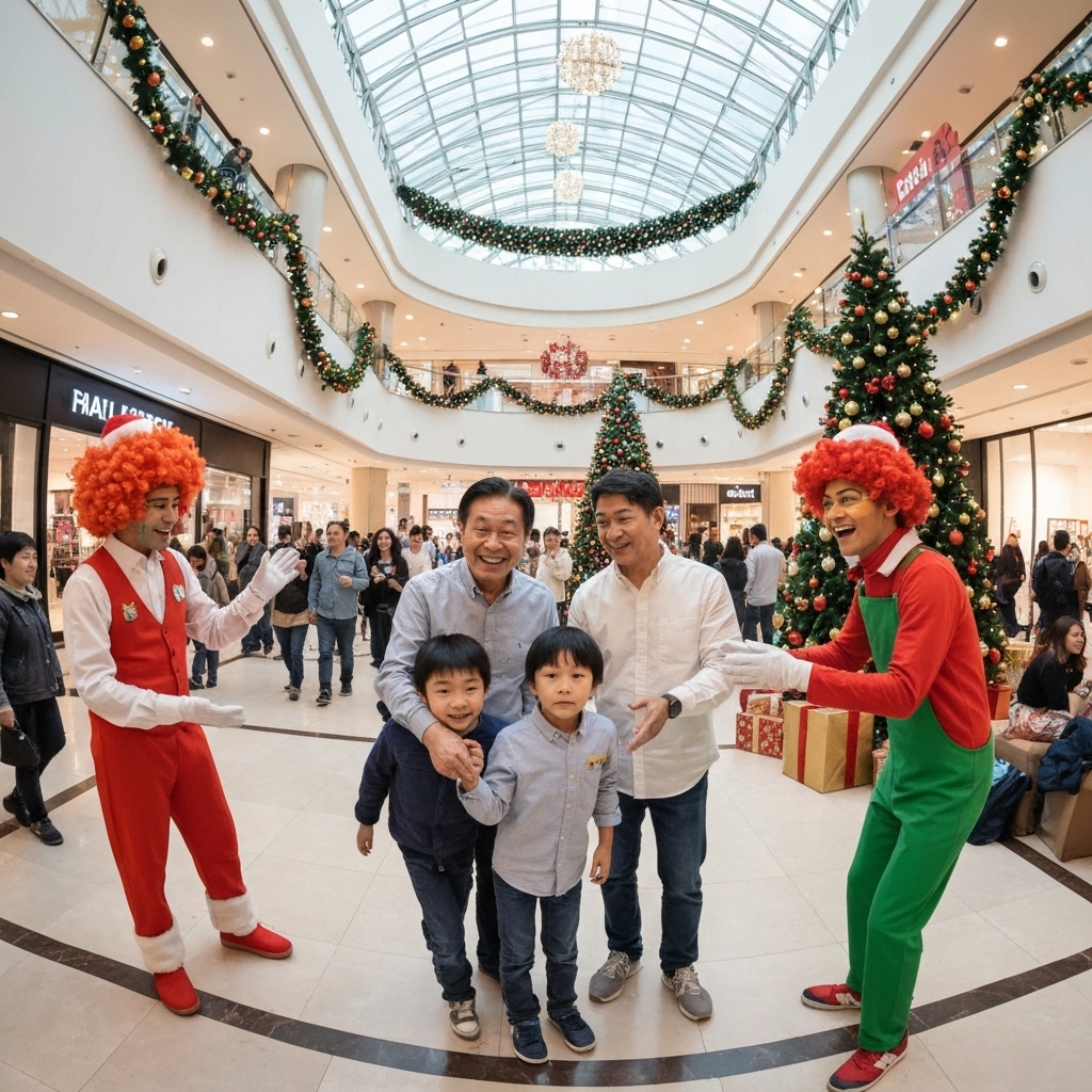Realistic photo of a shopping mall atrium decorated for Christmas with happy families interacting with animators