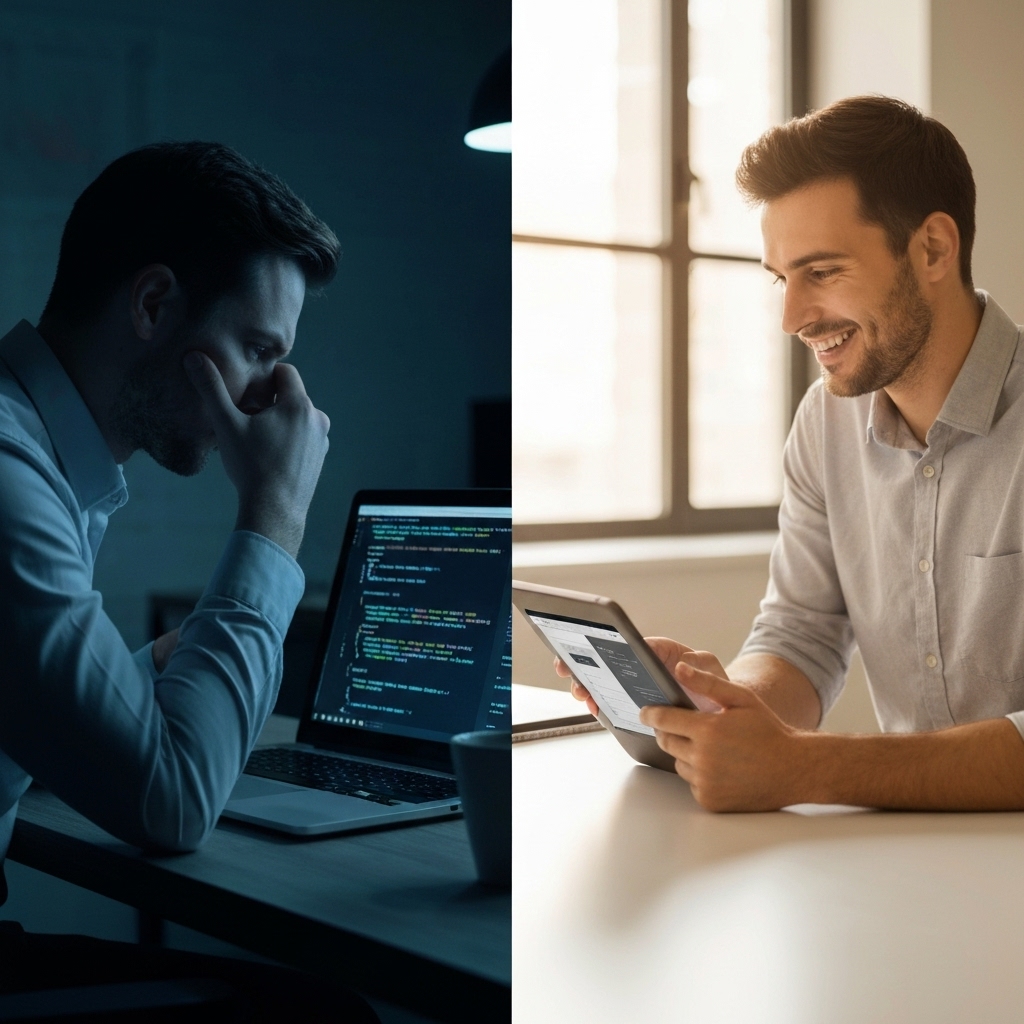 A frustrated entrepreneur looking at complex code on a laptop screen versus a happy user using a drag and drop builder