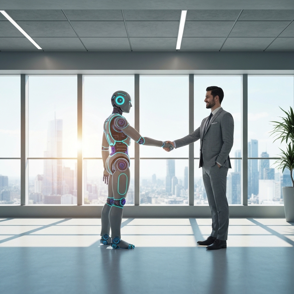 Futuristic digital marketer shaking hands with a glowing AI robot in a modern office environment