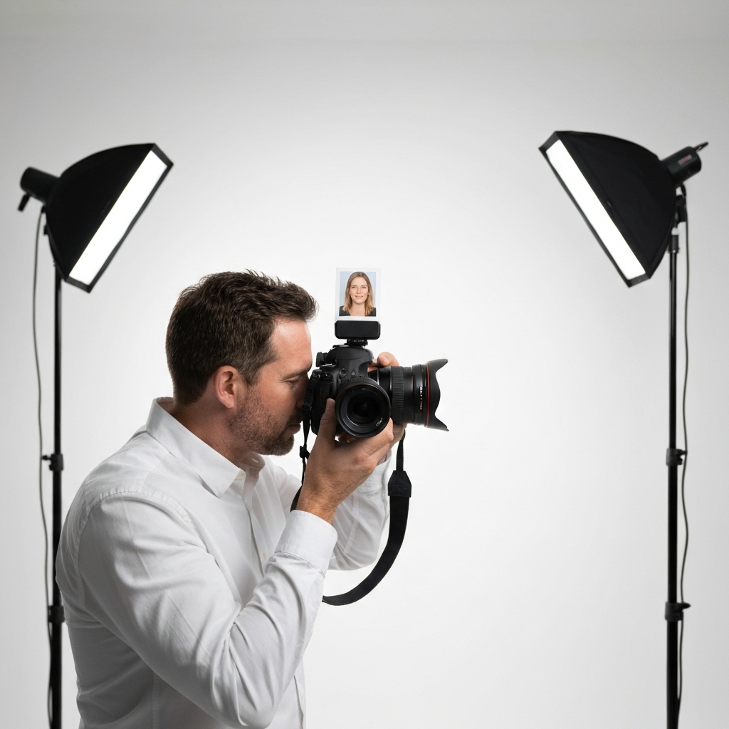 Professional photographer Patrick Dancel taking a passport photo in a studio setting with professional lighting equipment