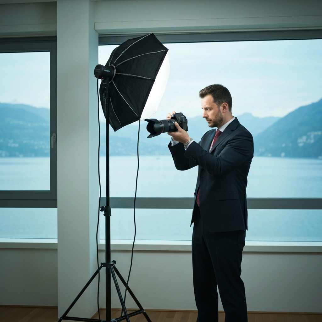Professional corporate photographer adjusting lighting for a business portrait in a modern office in Lausanne with lake Geneva view background