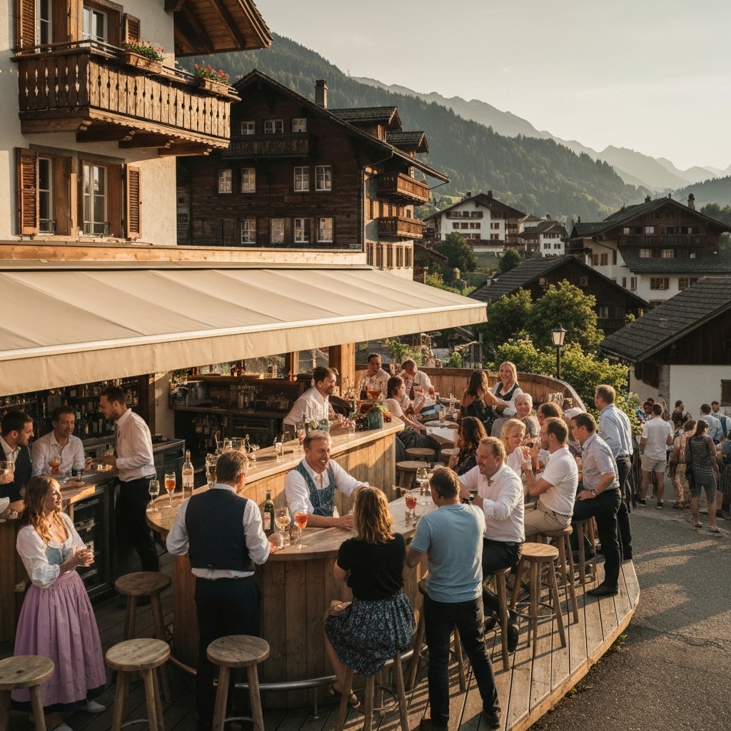 Realistic photo of a sunny bar terrace in a Swiss village setting with people enjoying drinks, warm lighting, summer vibe