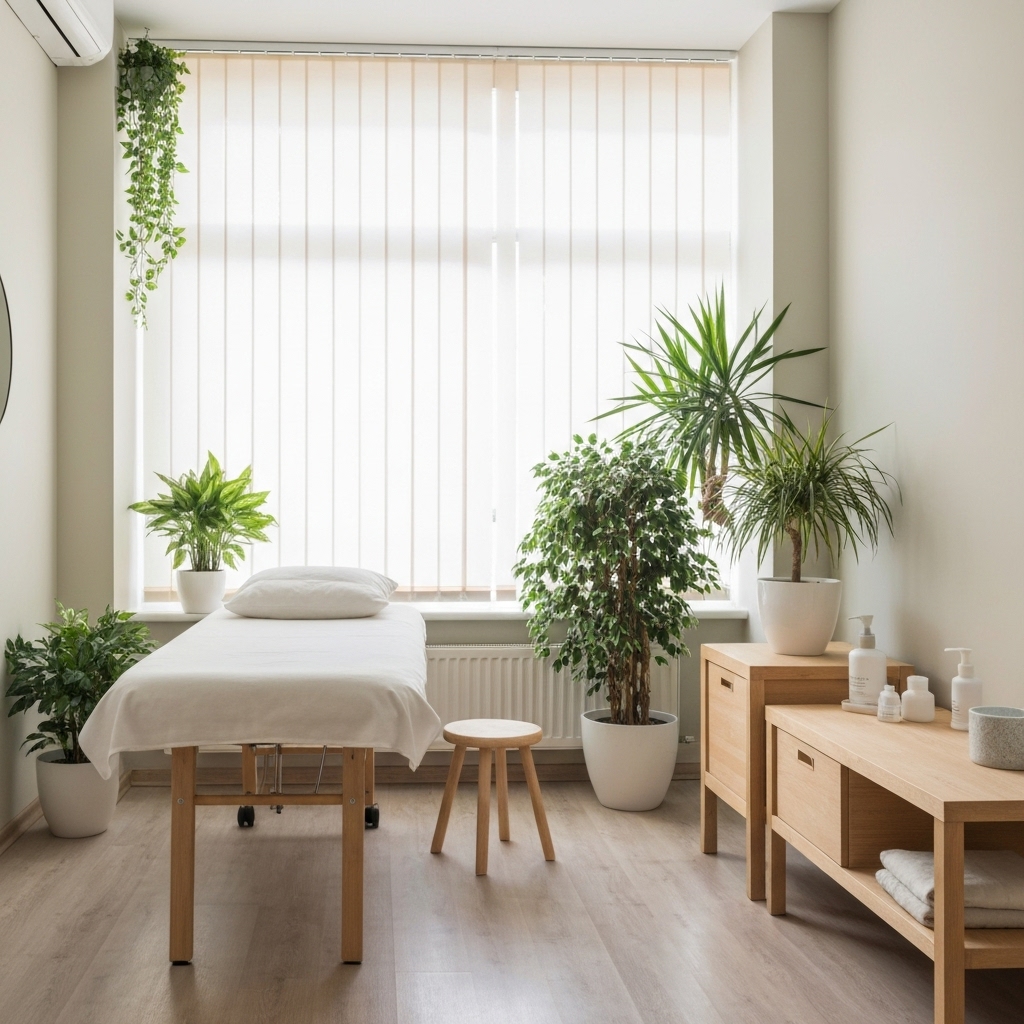 A calming and professional osteopathy treatment room in Vertou with natural light and plants, symbolizing the somatic approach