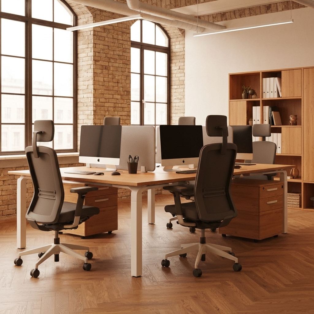 Espace de travail moderne et lumineux en Suisse avec mobilier ergonomique et touches de bois, style épuré et chaleureux