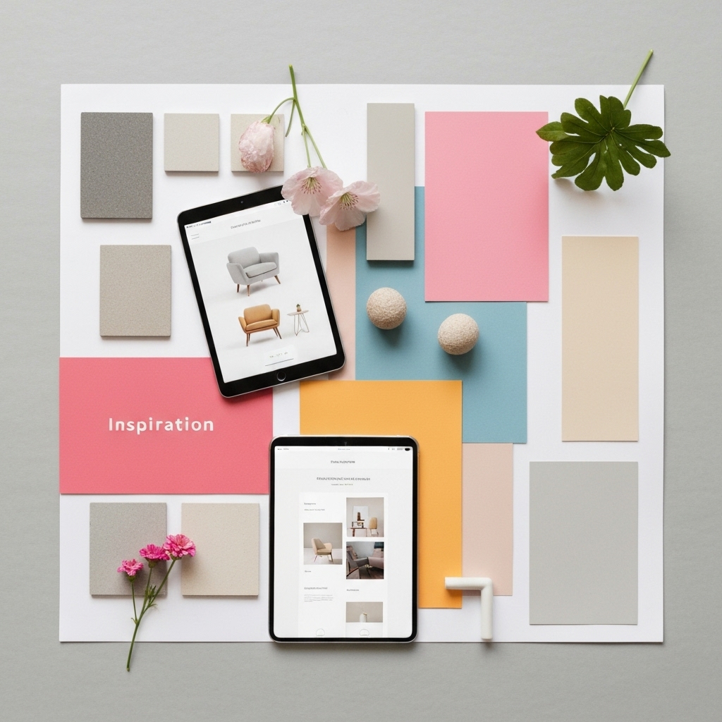 Moodboard montrant harmonie entre mobilier design physique et interface site web sur tablette