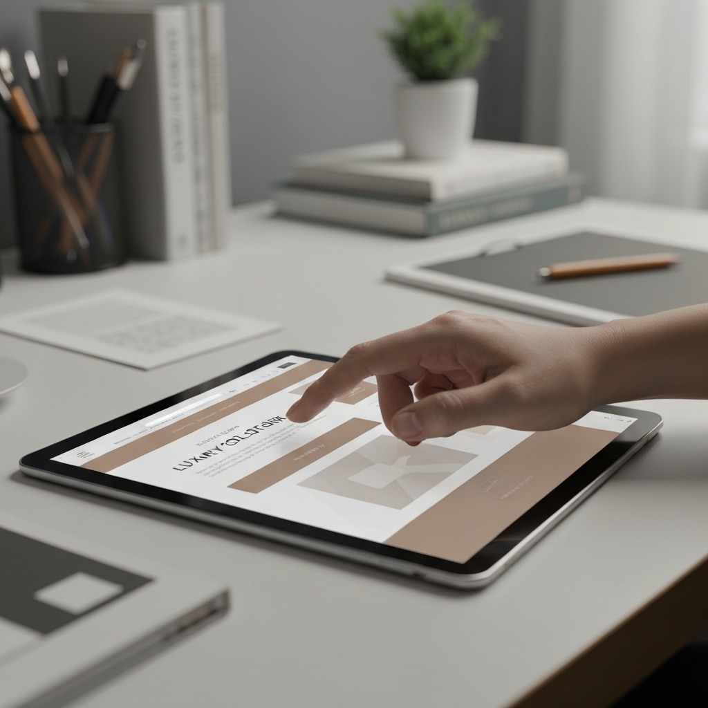 Close up of a designer working on a high-fidelity website mockup on a tablet with color palettes aimed at luxury clients