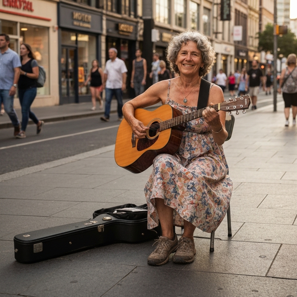 A street musician performing with a guitar case open, displaying a clear QR code sign next to a few physical coins.