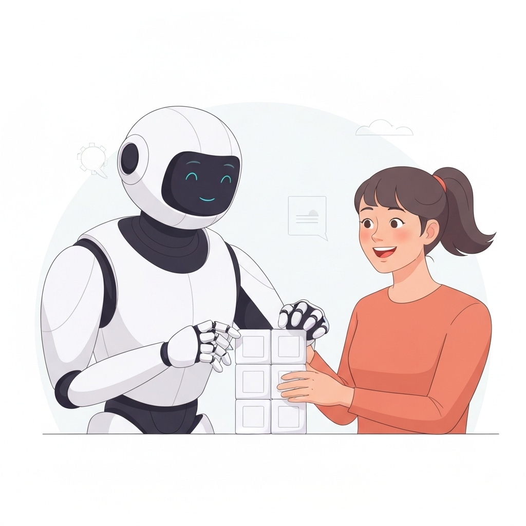 A friendly illustration of a robot assisting a human in building a digital structure blocks, representing website building