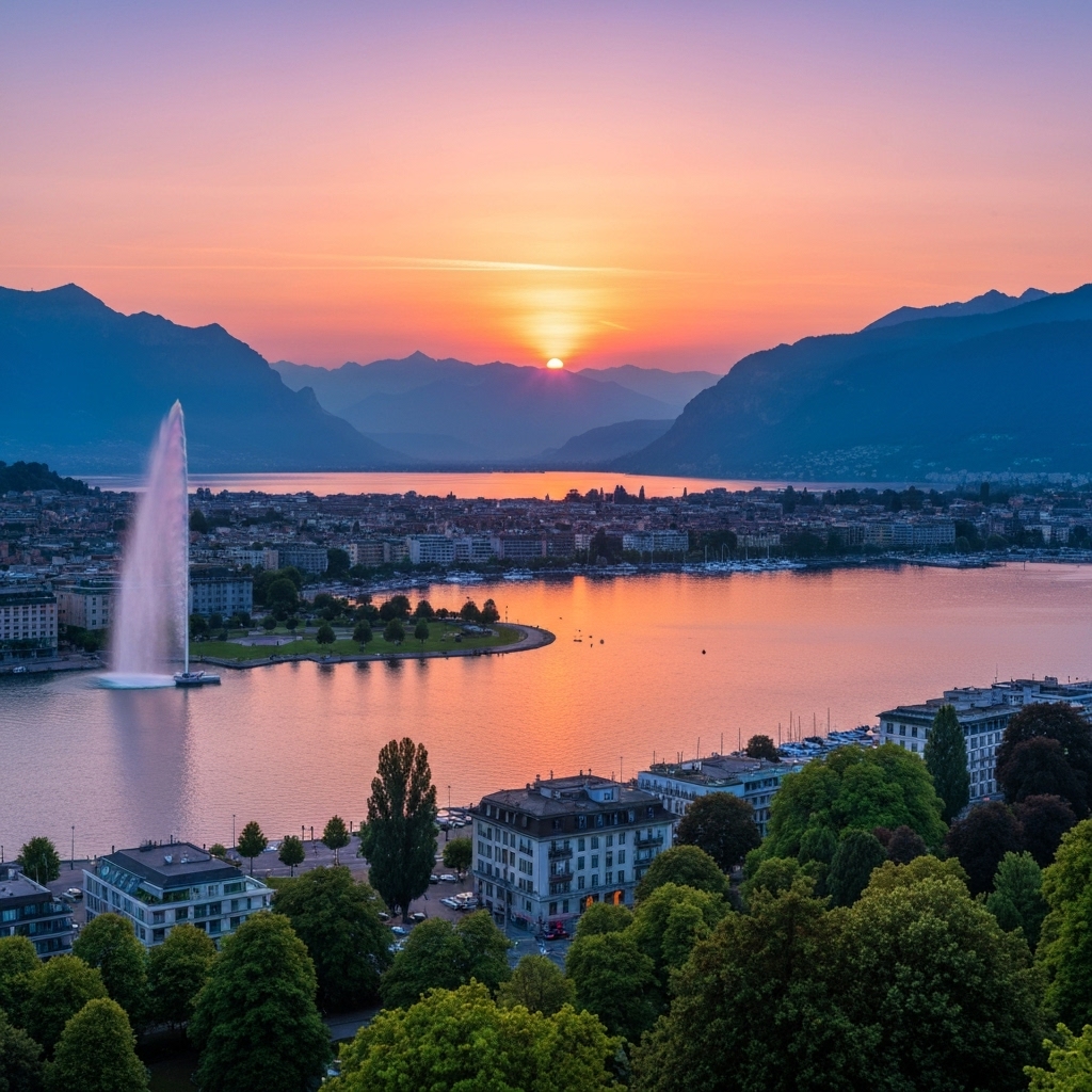 Vue panoramique du Jet d'Eau de Genève avec le lac Léman et les montagnes en arrière-plan sous une lumière dorée