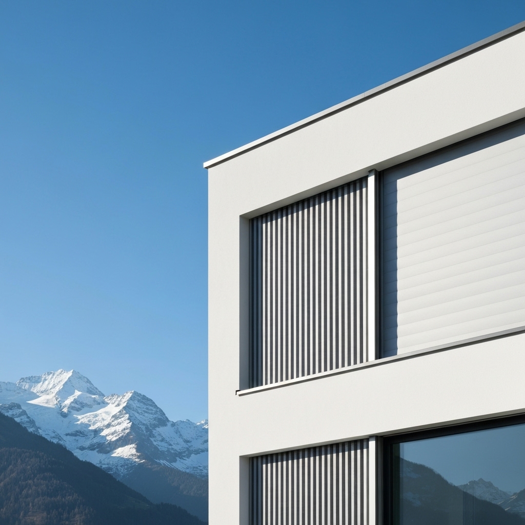 Modern vertical blinds installed on a Swiss residential facade with view on mountains