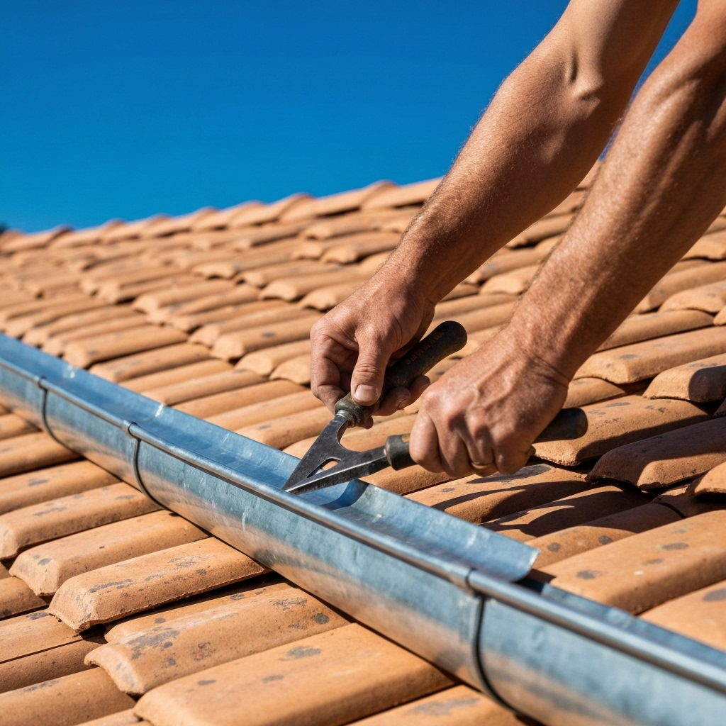 Close-up of a professional roofer installing custom zinc gutter on a traditional French tile roof in Lyon region sunny day