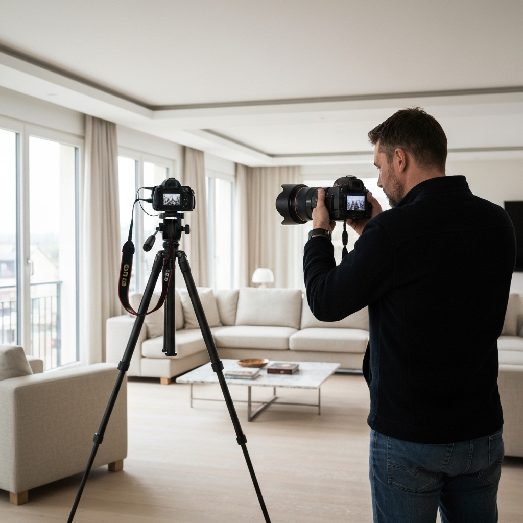 Professional photographer taking a picture of a modern living room in Lausanne with a tripod and wide angle lens