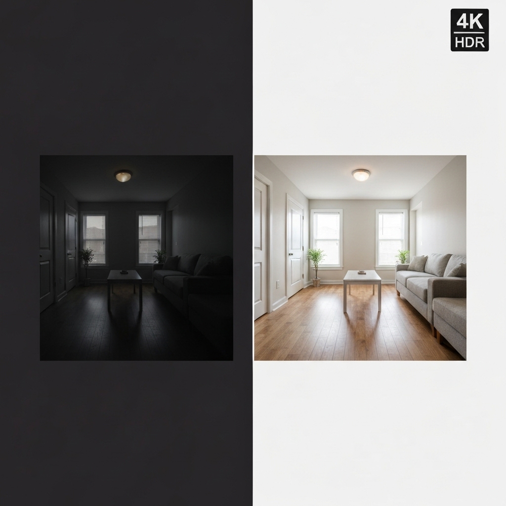 Comparison showing a listing photo taken with a smartphone vs a professional camera showing lighting difference