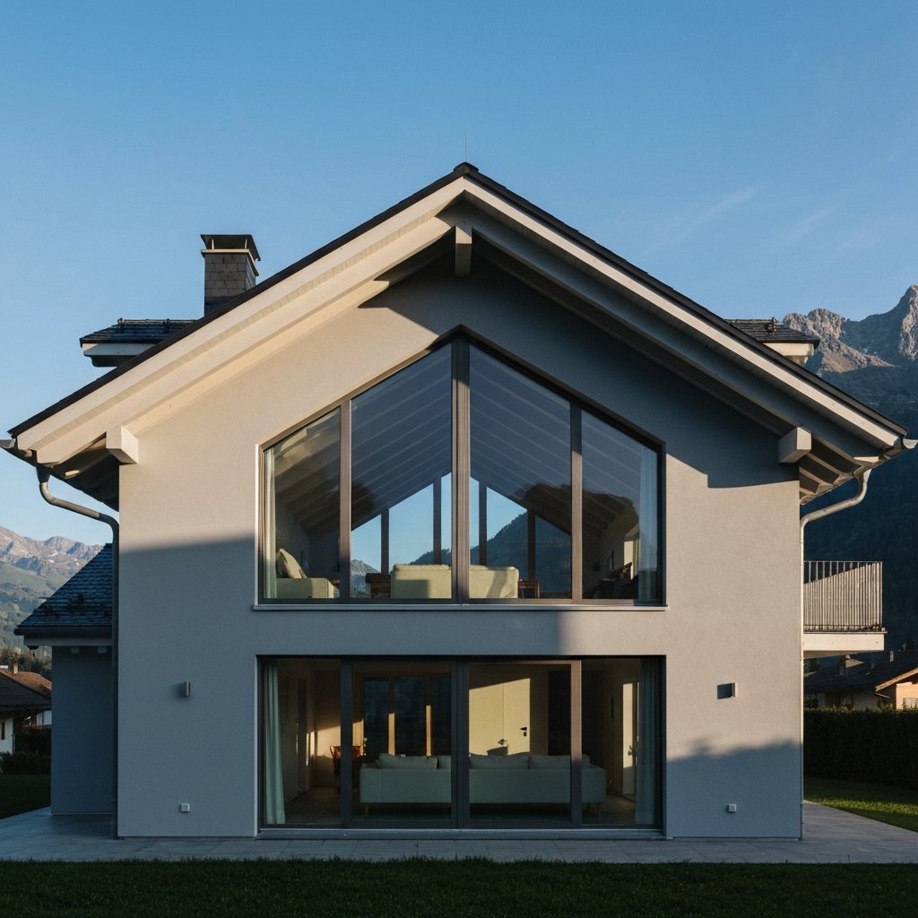 Maison individuelle moderne en Suisse avec une façade fraîchement peinte et un échafaudage sur le côté
