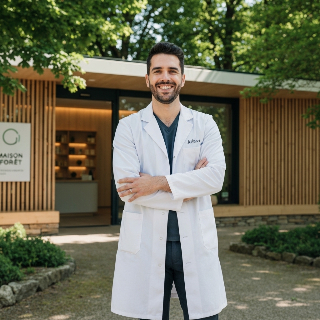 Julien Delhumeau ostéopathe à Vertou devant son cabinet Maison Forêt espace verdoyant