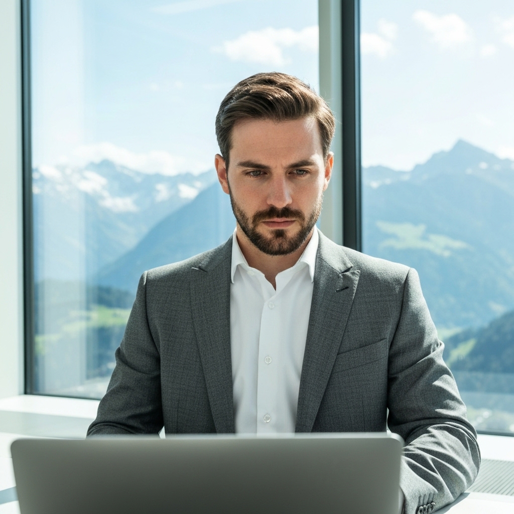 Entrepreneur looking at a laptop with Swiss alps in background analyzing saas metrics