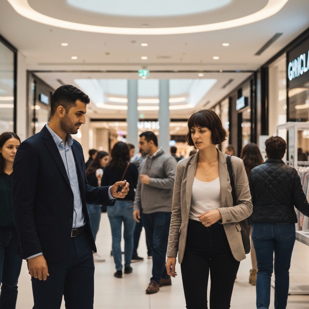 Des clients dans un centre commercial moderne en Suisse un samedi après-midi, consultant des offres sur leurs smartphones, ambiance lumineuse et dynamique