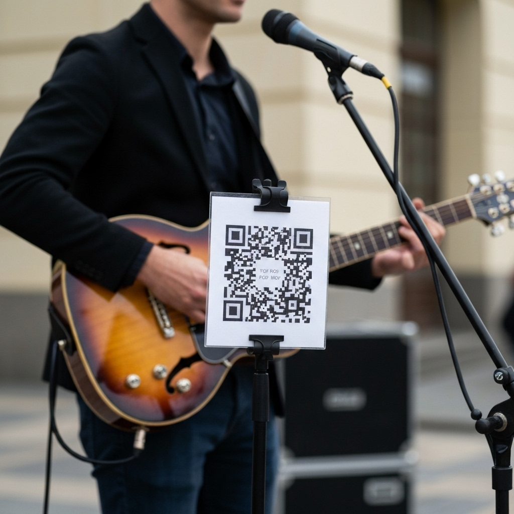 A street musician performing with a clearly visible sign displaying a QR code for tips attached to their microphone stand, photorealistic style