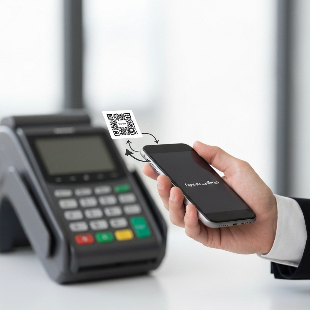 Detailed flowchart infographic style showing the path from QR scan to payment confirmation in 3 simple steps