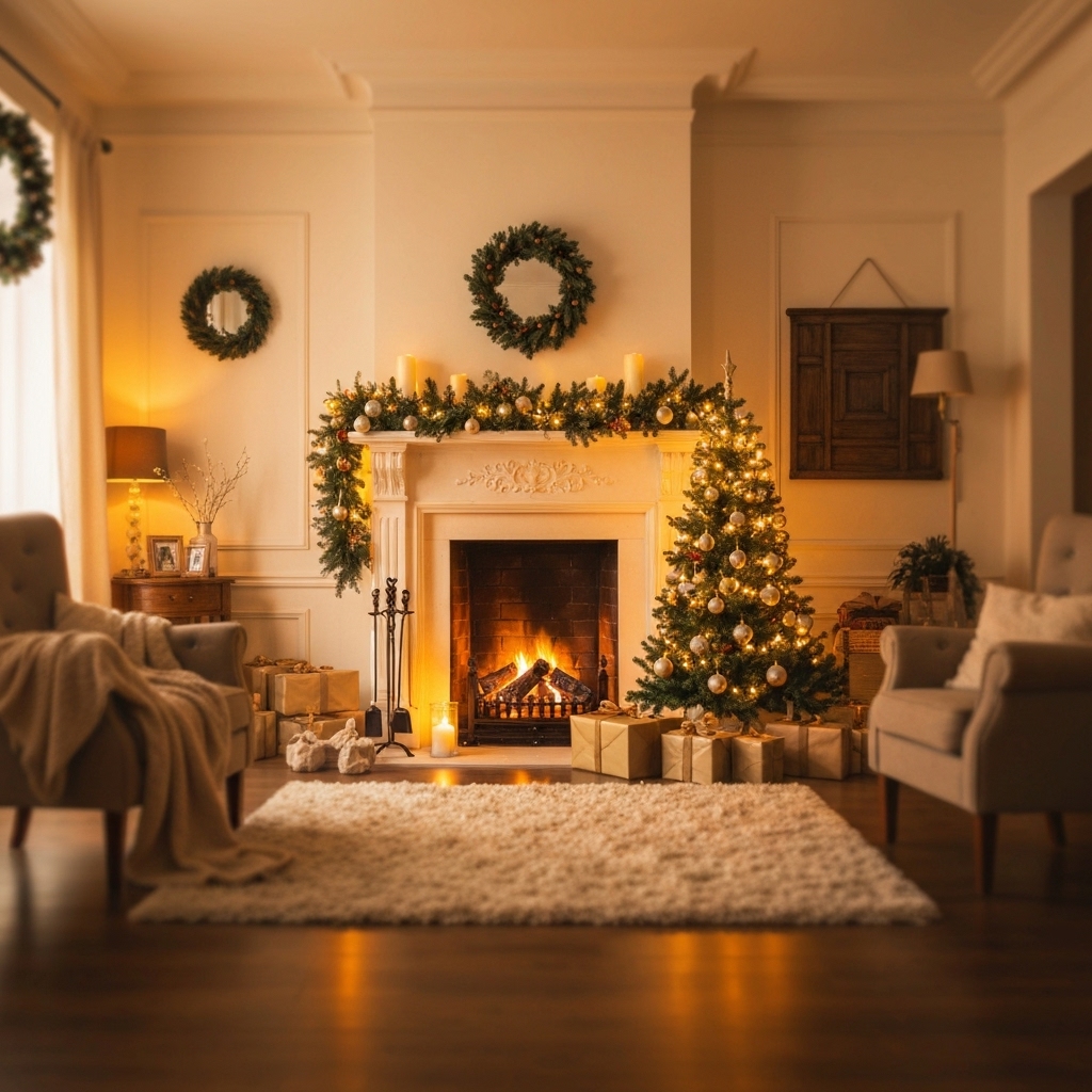 Warm and cozy professional christmas studio photography setup with blurred lights in background