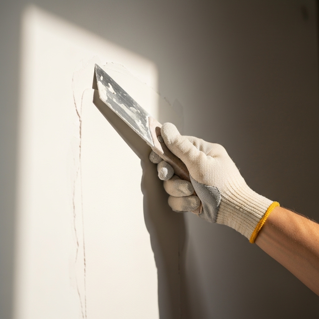 Close-up of a professional painter hand applying smoothing plaster with a wide blade on a white wall under working light