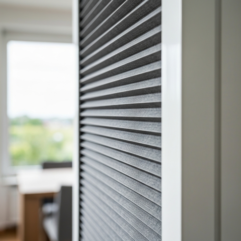 Close-up detail of a high-quality grey pleated insect screen mesh on a modern sliding door, soft lighting, reputable swiss home style