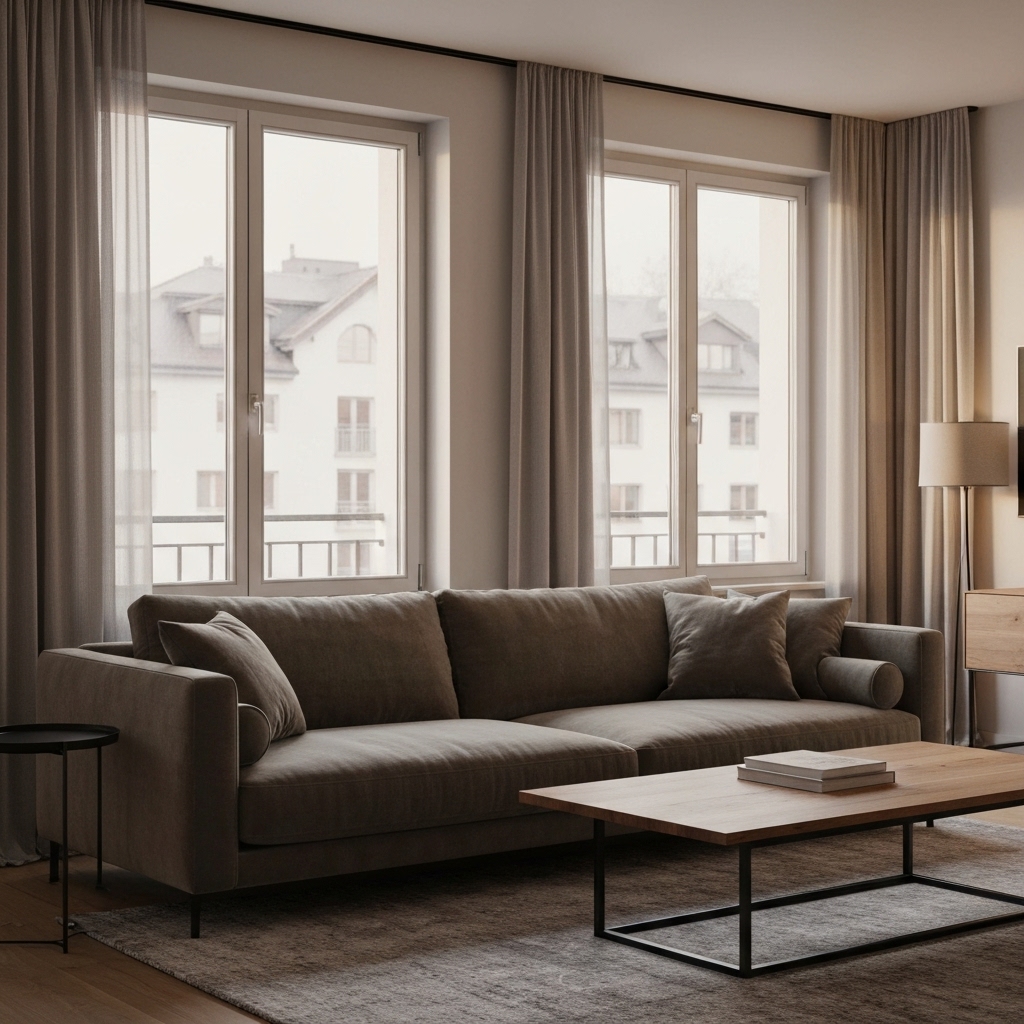 A cozy, modern living room interior design rendering showing a velvet sofa and wooden coffee table in a Swiss apartment setting