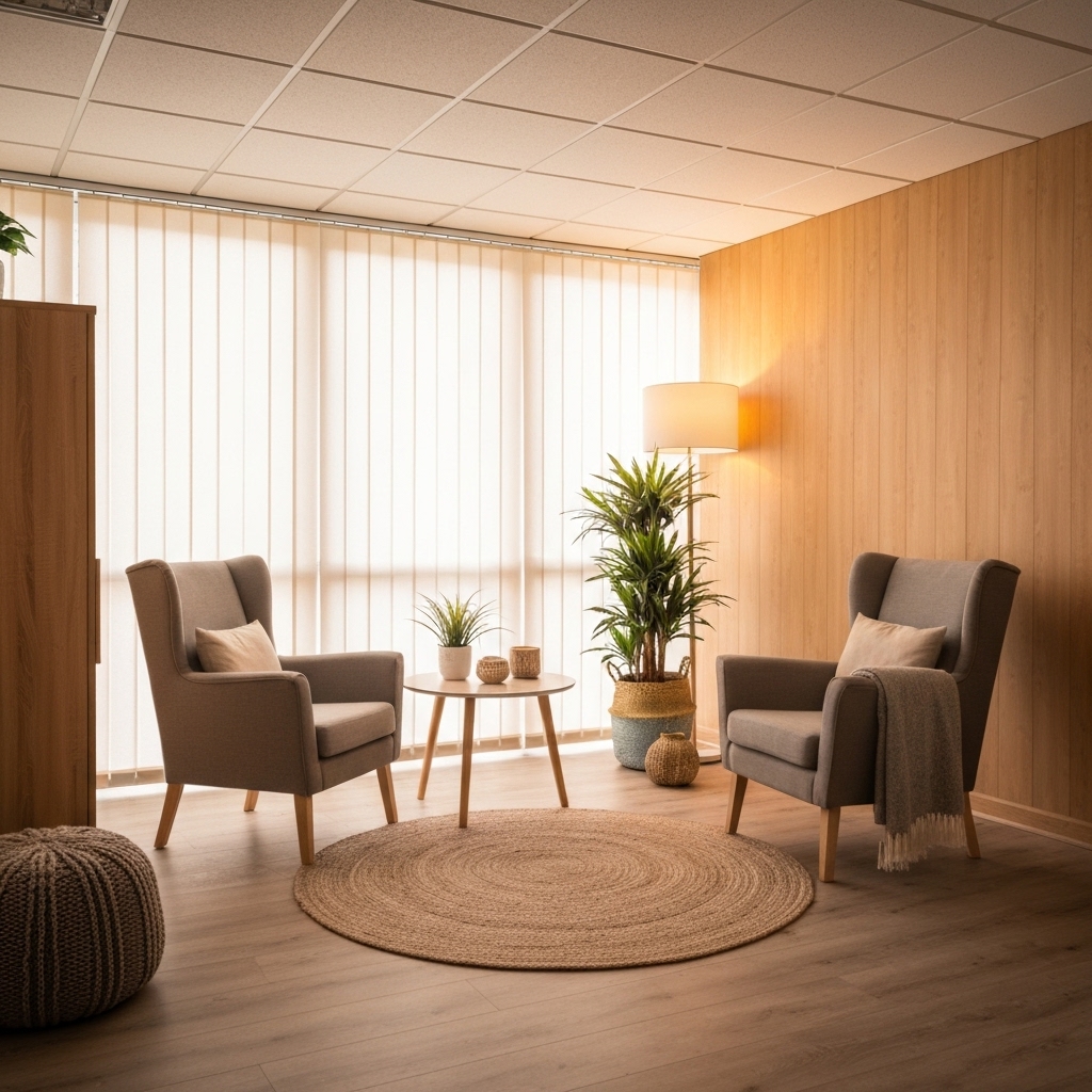 A calming, professional therapy room with warm lighting and comfortable seating, conducive to somatic healing
