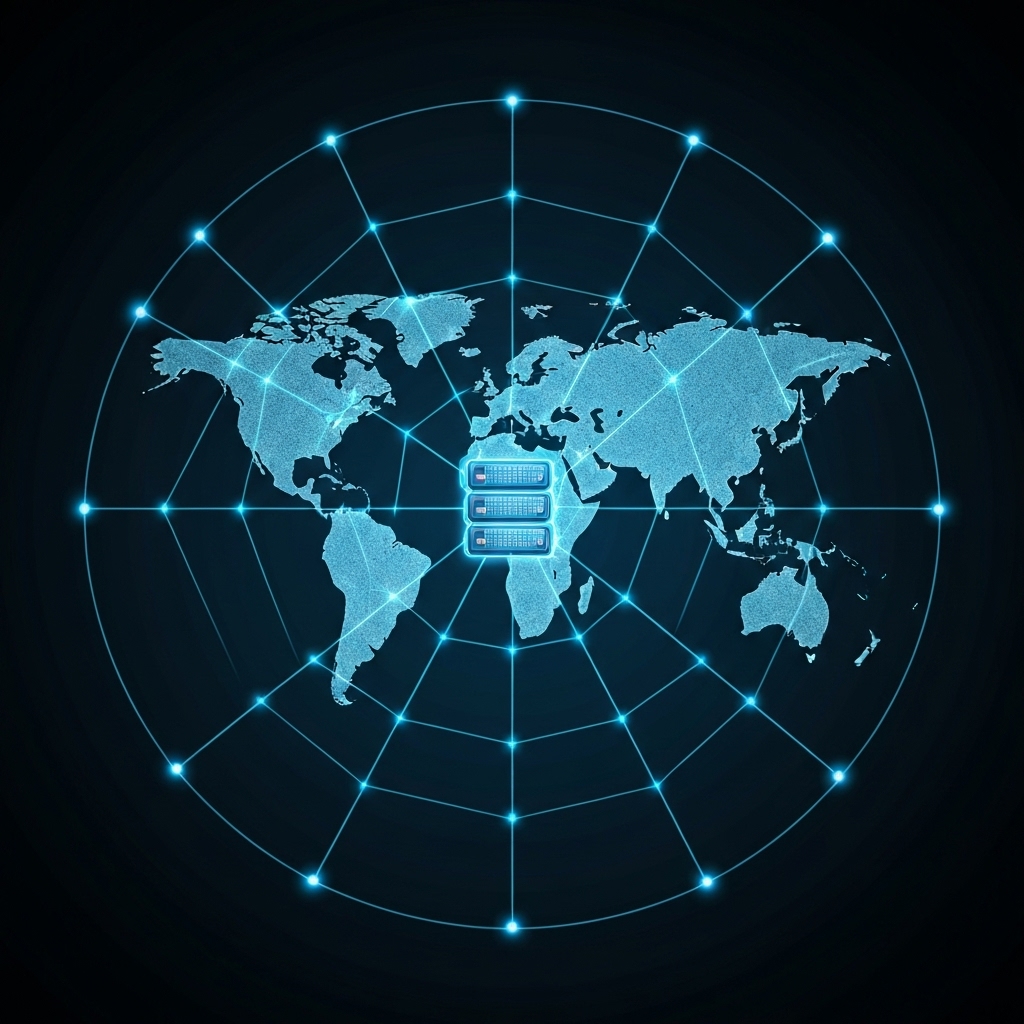 A futuristic 3D render of a digital spider web glowing blue, representing a clean and high-quality backlink network connecting global servers, creating a sense of authority and speed.