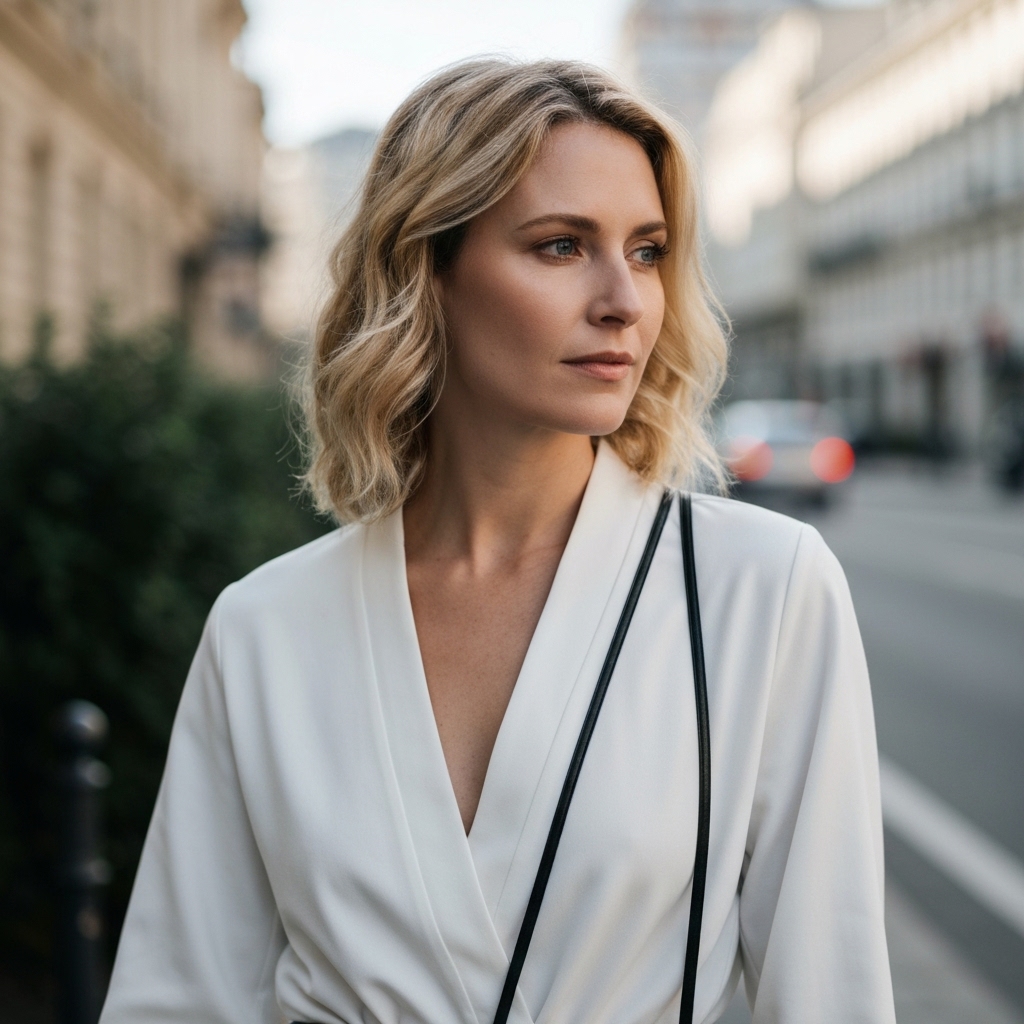 Femme portant une robe portefeuille en lin beige nouée à la taille, style minimaliste chic, fond urbain ensoleillé