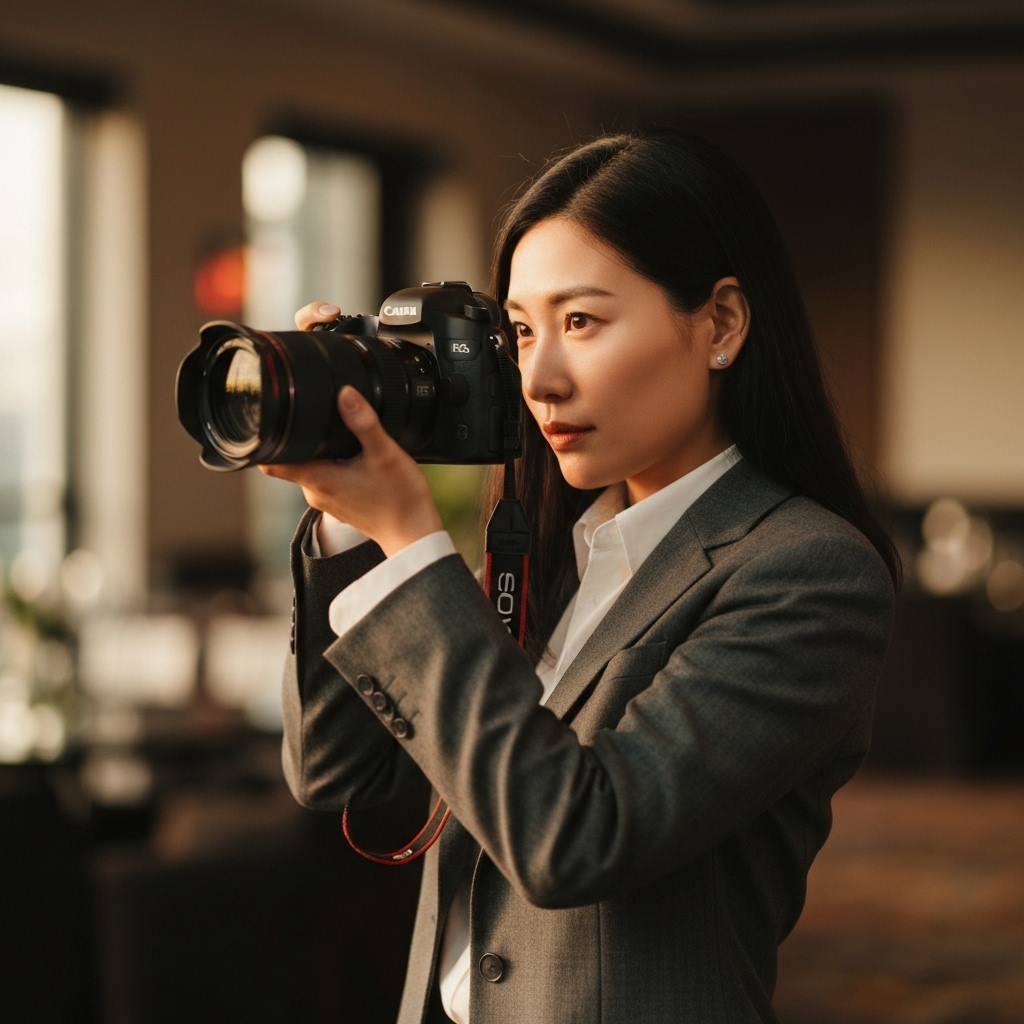 Professional photographer capturing candid moments at a high-end corporate event in Geneva, warm lighting, emotional connection
