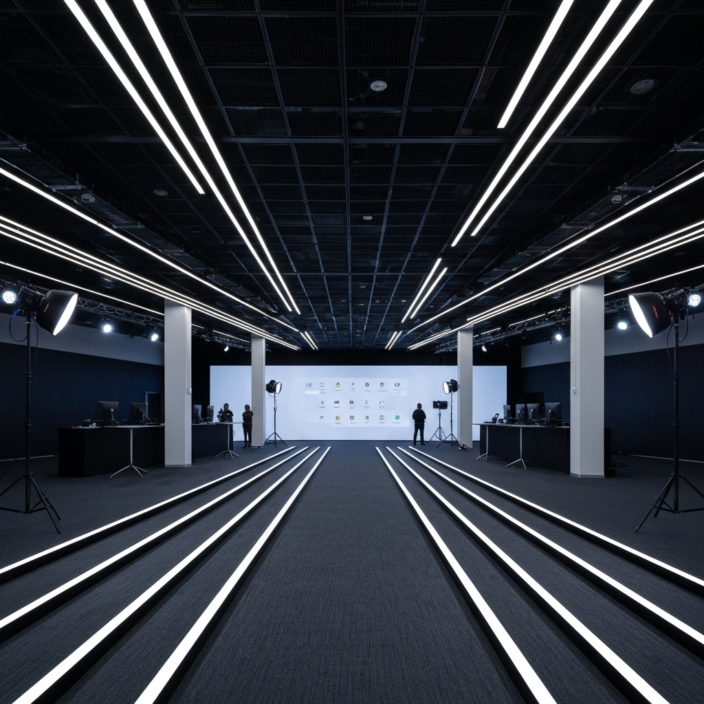 Studio lighting setup at a corporate event venue, waiting for guests