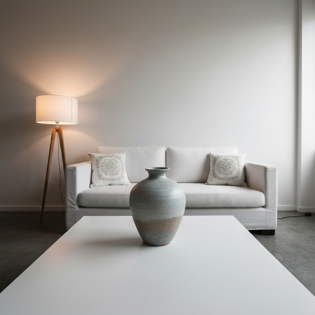 A beautifully curated living room in a Swiss apartment featuring specific design accessories like a unique vase and designer lamp