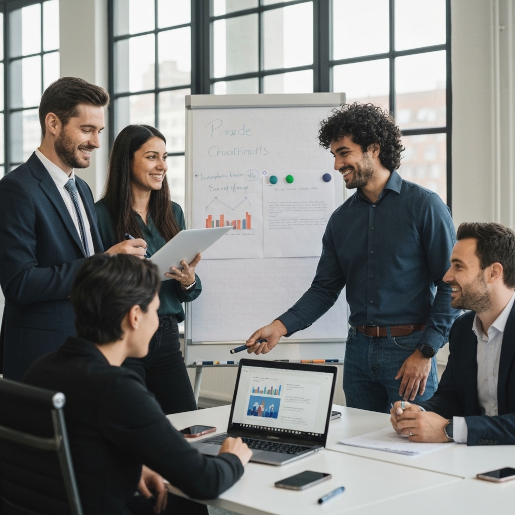A team of diverse entrepreneurs in a modern Swiss office analyzing a simplified marketing roadmap on a whiteboard