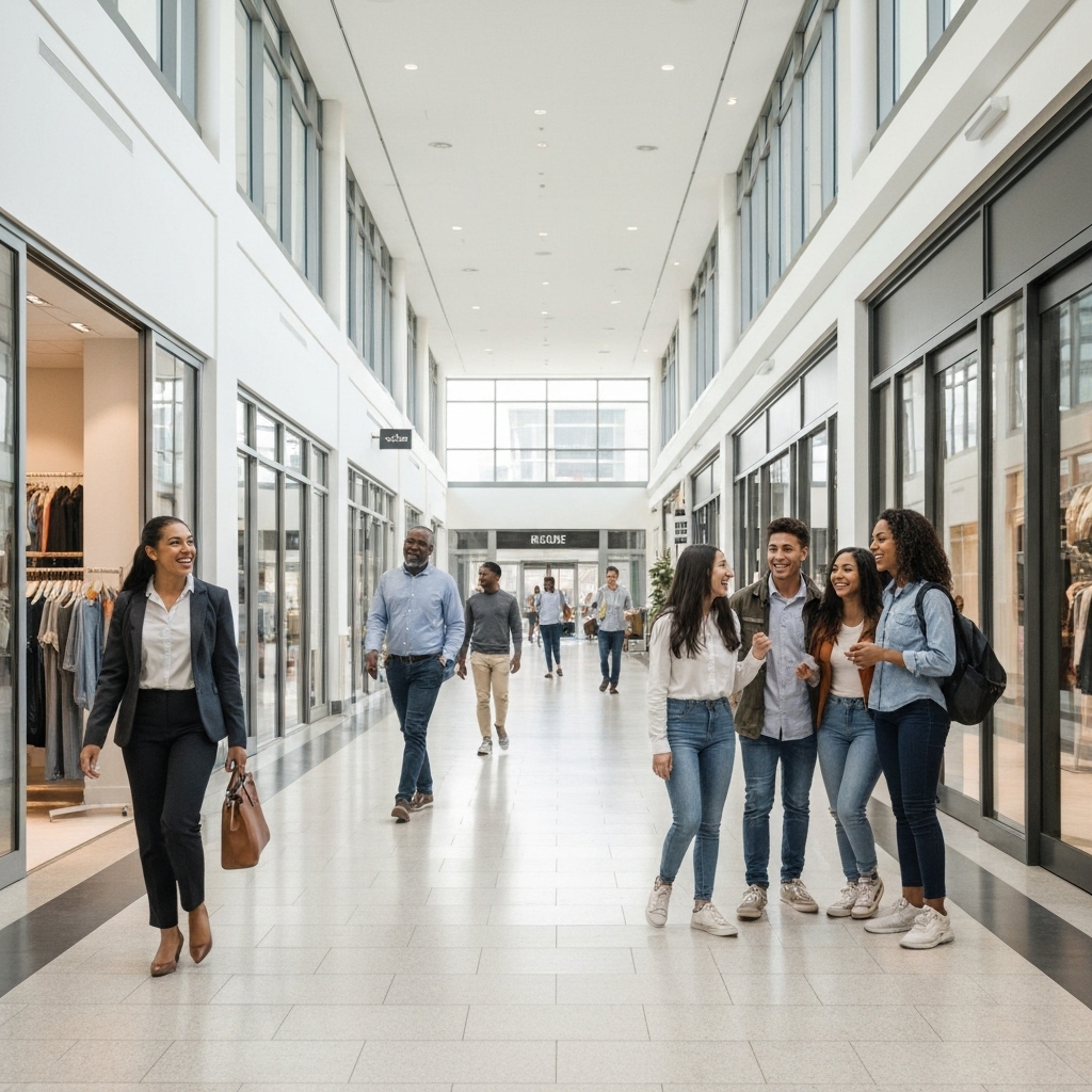 Modern diverse shopping mall interior with people walking past health clinics and boutique stores